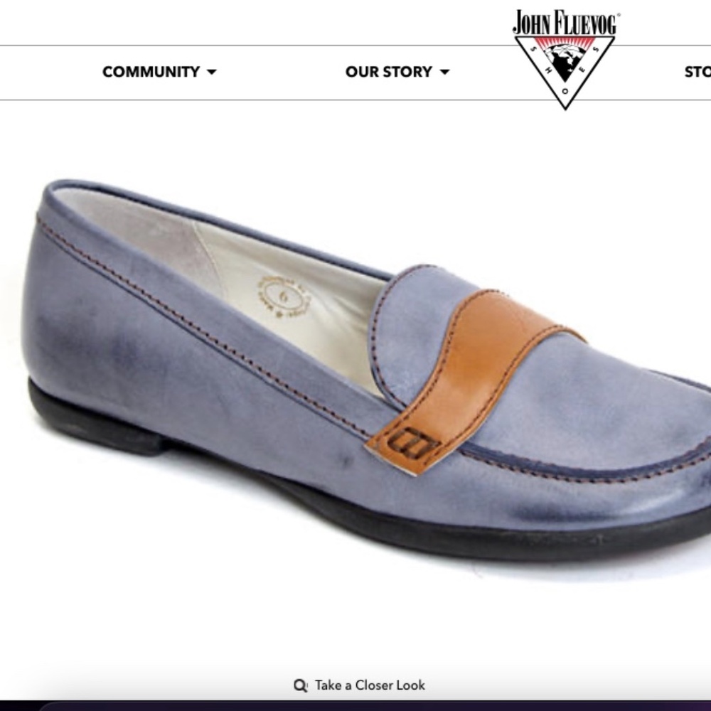 John Fluevog Blue and Brown Flats with Moccasin Stitching - Picture 10 of 10